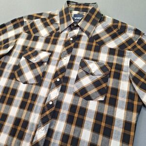 Wrangler Western Shirt Mens XL Short Sleeve Plaid Pearl Snap Brown Black Rodeo
